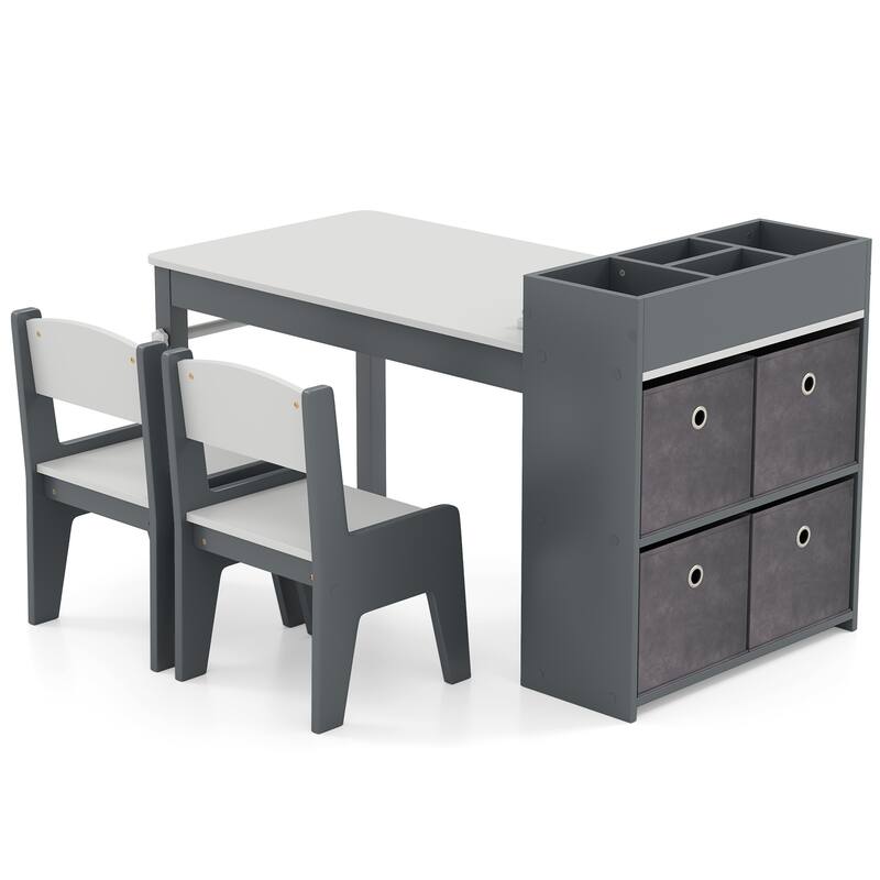 Kids Art Table and 2 Chairs Set with 4 Fabric Storage Bins and 4 Compartments - 39.5" x 20" x 23" (L x W x H)