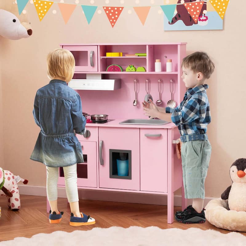 Kids Kitchen Playset Wooden Pretend Play Toy Kitchen Set