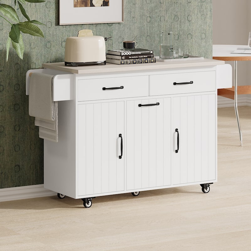 Rolling Kitchen Island with Trash Can Storage Cabinet, Kitchen Cart with Drop Leaf, Spice Rack, Towel Rack and Drawer