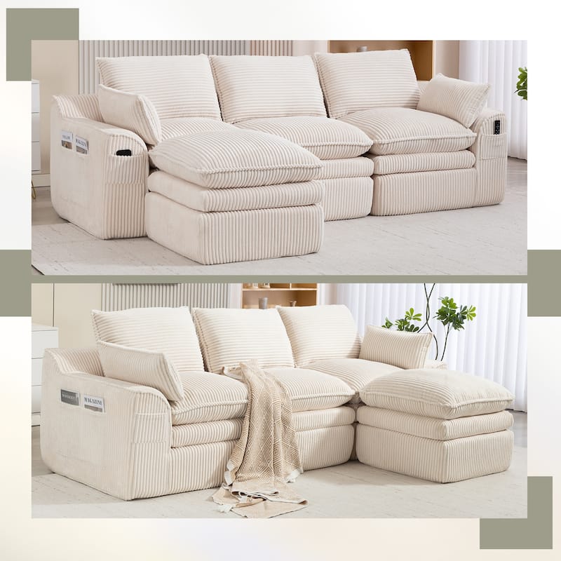 L Shaped Sectional Sofa Corduroy Upholstered Boneless Couches with Movable Footstool, With Three Pillows and Two Lumbar Pillows