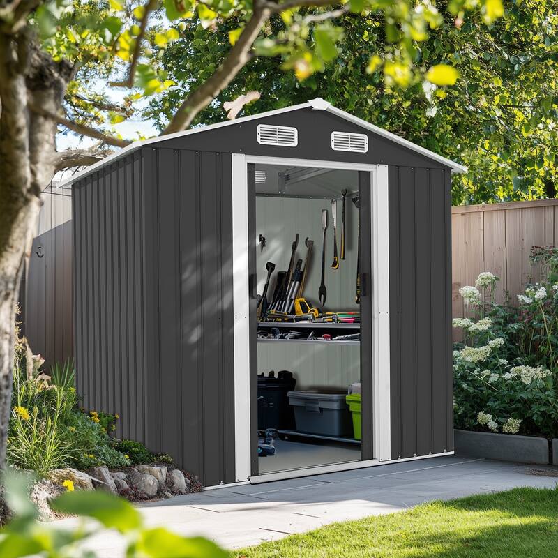 Large Outdoor Storage Shed Galvanized Iron Black with Slanted Roof and Double Sliding Doors - 77.36” x 51.57” x 73.82”