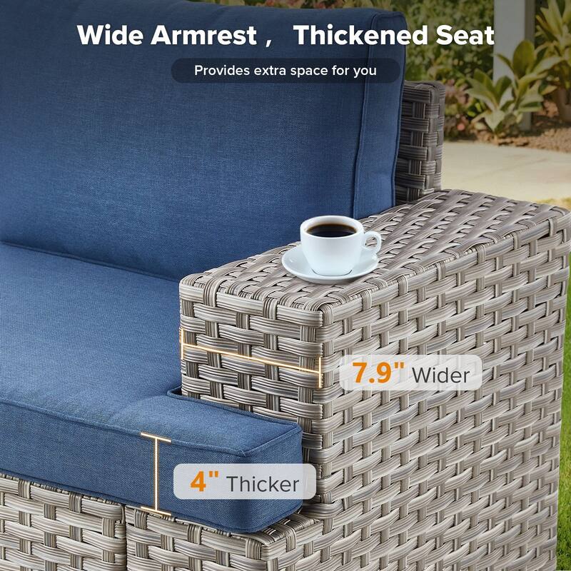 Gymojoy Outdoor Wicker Sectional Sofa Set with Glass Table, Wide Armrests & Water-resistant Cushions, Patio Furniture for Garden