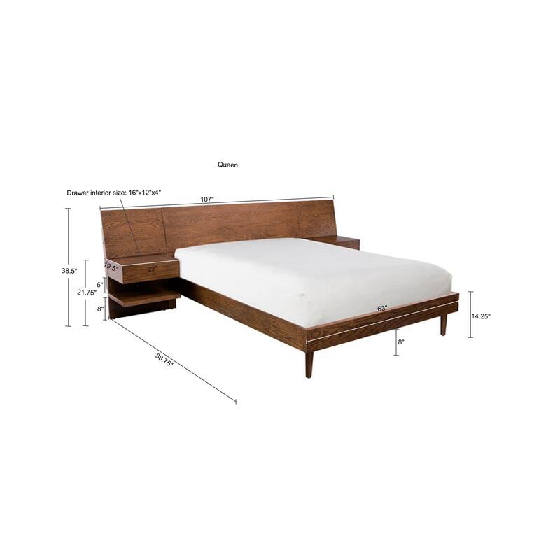 Queen Size Wood Storage Bed with 2 Built-in Nightstands and Hidden Storage