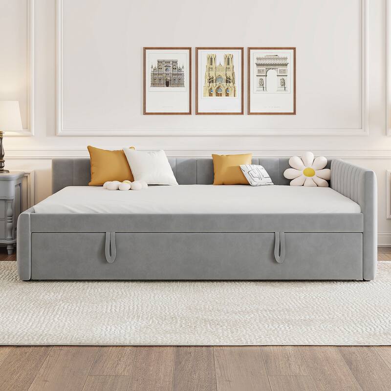 2-in-1 Daybed with Pop Up Trundle Bed, L-Shaped Upholstered Daybed Convertible Platform Bed, Vertical Stripes Frame Sofa Bed