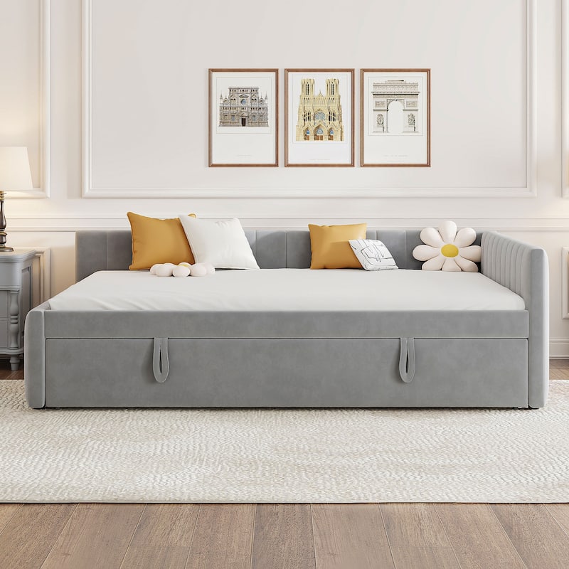 L-Shaped Full-Size Upholstered Daybed with Twin Pop-Up Trundle - Convertible Lounge & Guest Bed Solution‌ - Grey
