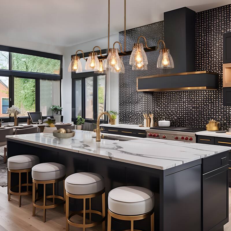 Modern 8-Light Gun Black Gold Chandelier Textured Glass Kitchen Island Light