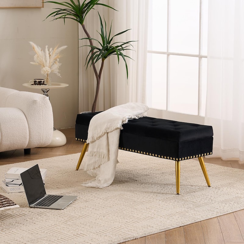 Velvet Storage Ottoman Bench with gold legs and Nailhead Trim for Bedroom/End of Bed/Entryway/Window