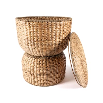 happimess Bhola 18" Hourglass Handwoven Hyacinth Storage Accent Table with Lid