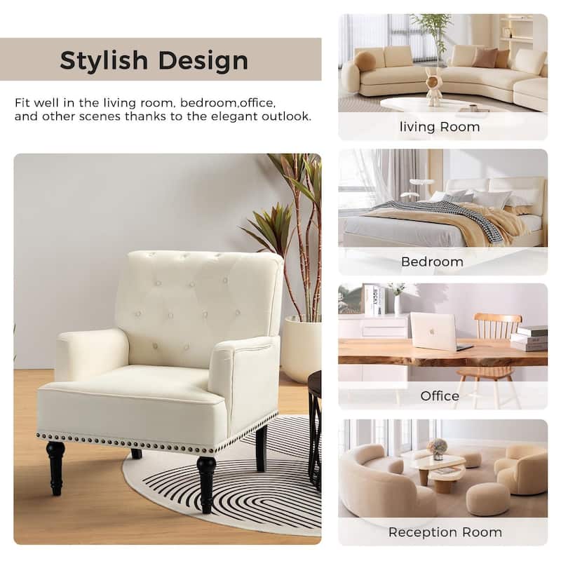 Geltrude Transitional Upholstered Button Tufted Club Chair with turned wooden Legs by HULALA HOME
