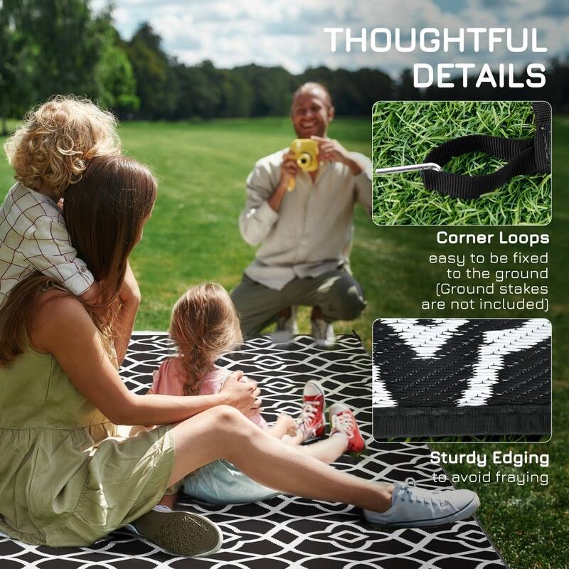 Reversible Outdoor Rug with Carry Bag Foldable Picnic Blanket for Camping, RV Trips, Beach - 120.1" L x 95.7" W
