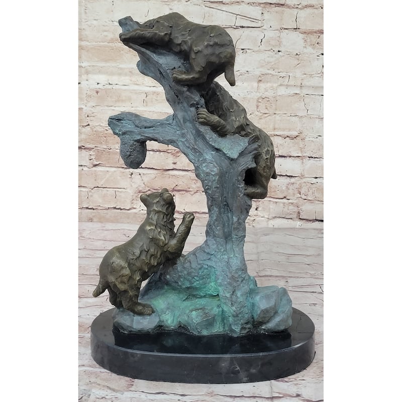 Bear Family Looking For Honey In A Tree - Bronze Sculpture Decor On Marble Base
