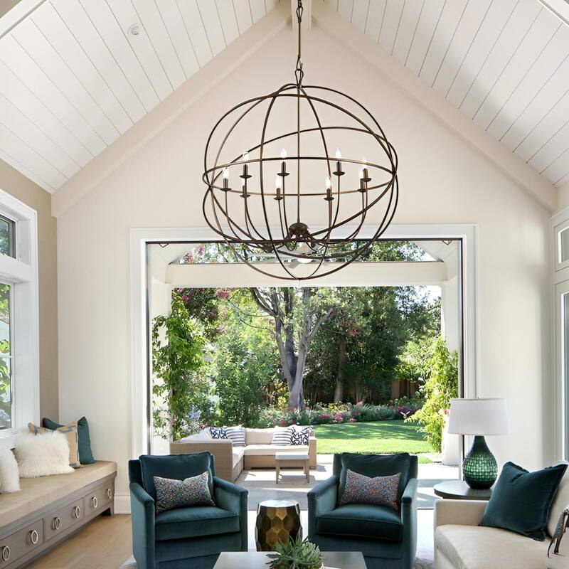 Large Sphere 9-Light Dimmable Globe Chandelier, Oversized High Ceiling Pendant - N/A