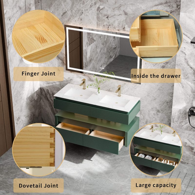 Modland 48" Modern Wall-Mounted Double Sink Bathroom Vanity with Engineered Stone Countertop,LED Light