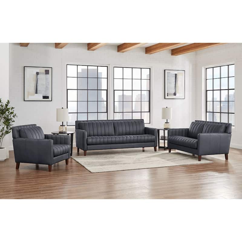 Hydeline Ennis Top Grain Leather Sofa Loveseat and Chair Set - Sofa, Loveseat, Chair - Midnight Blue