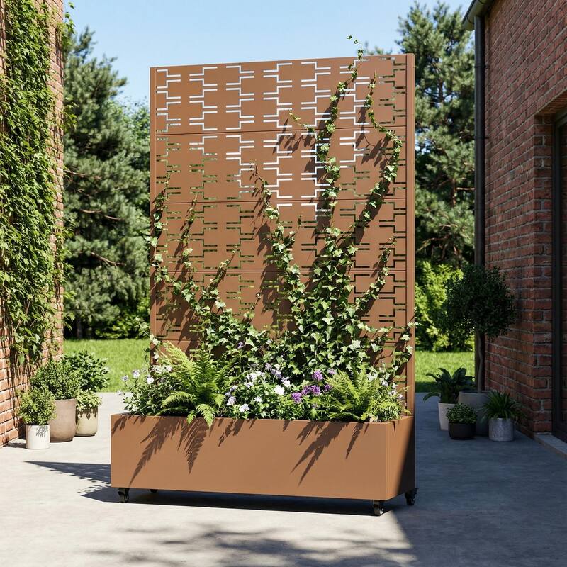 Metal Planter Box with Trellis Privacy Screen Planter Box with Lockable Wheels - Brown-Rectangle - 72"x47"