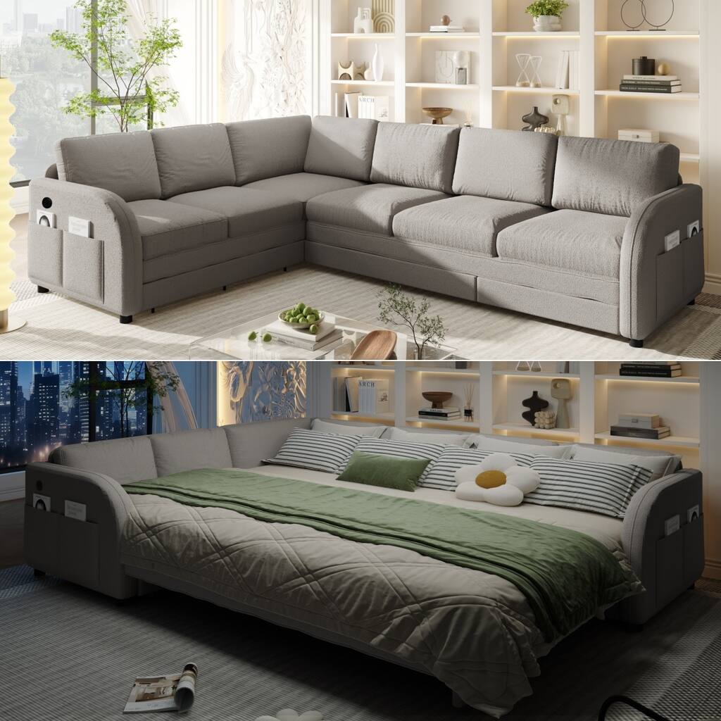115" L-Shaped Sectional with Pull-Out Bed, USB Ports & Side Pockets, King Size Upholstered Bed