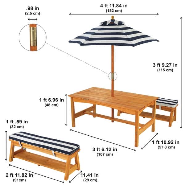 Wooden Table & Benches with Cushions & Umbrella, Navy
