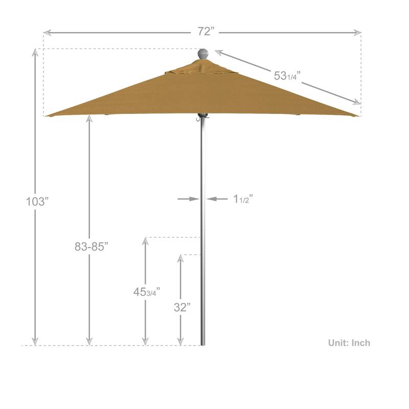 California Umbrella 6' Sq. Aluminum Frame, Fiberglass Rib Patio Umbrella, Push Open, Anodized Sliver Finish, Sunbrella Fabric
