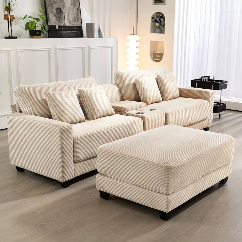 Oversized Corduroy Upholstered Sofa with a Removable Ottoman & 4 Pillows