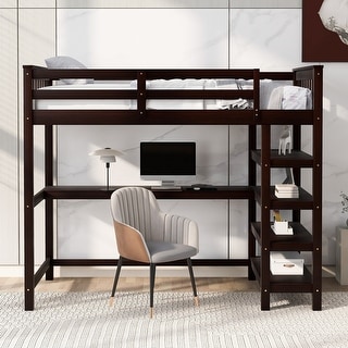 Twin Size Wooden Loft Bed with Storage Shelves and Under-bed Desk