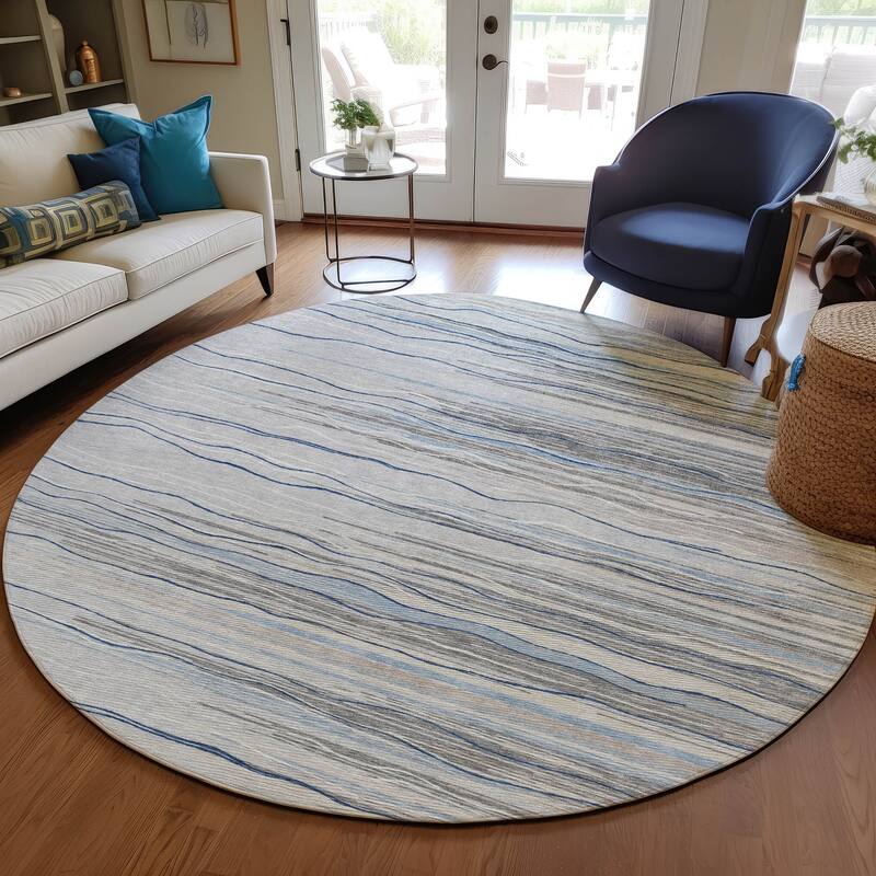 Machine Washable Indoor/ Outdoor Modern Stripe Chantille Rug - Gray - 8' x 8'
