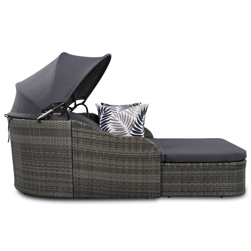 79.9" Outdoor Patio Sunbed, 2 Seater Lounge Chaise with Adjustable Canopy, All Weather PE Rattan Daybed with Removable Cushions