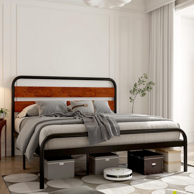 Platform Bed Frame with Wood Headboard, Heavy Duty Metal Slat Support, Noise Free Design