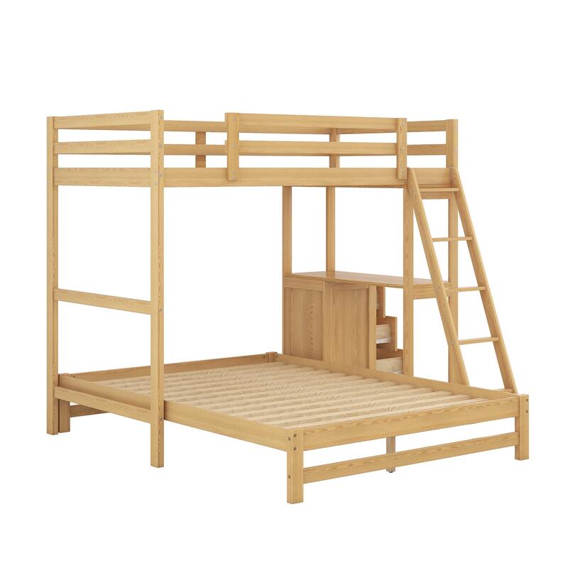 Twin over Full L-Shaped Bunk Bed Multi-Functional Pine Wood Bunk Bed Frame with All-in-One Desk and 3 Drawers