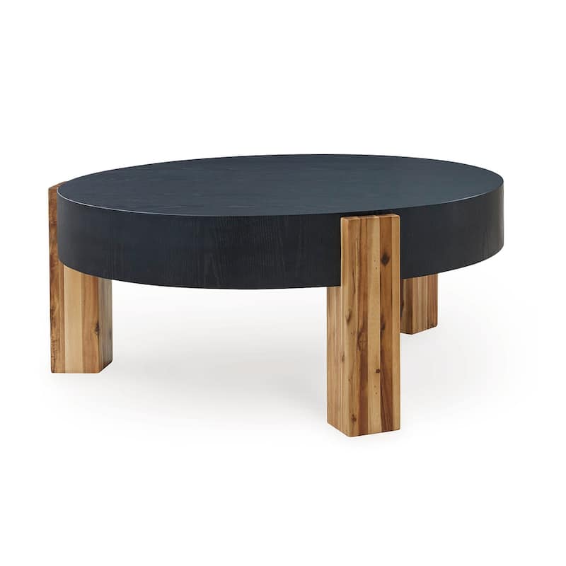 Moy 2pc Coffee and End Table Set, Round Black Textured Top, Solid Wood