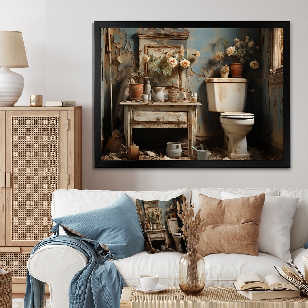 Designart "Bathroom Toilet Vintage Charm IV" Bath & Laundry Framed Canvas Wall Art