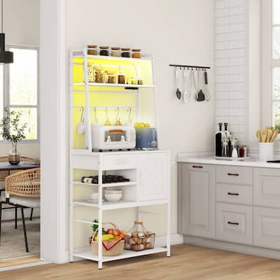 HOMCOM Baker's Rack with Power Outlet and LED Lights, Coffee Bar with Storage Shelves, Industrial Microwave Stand