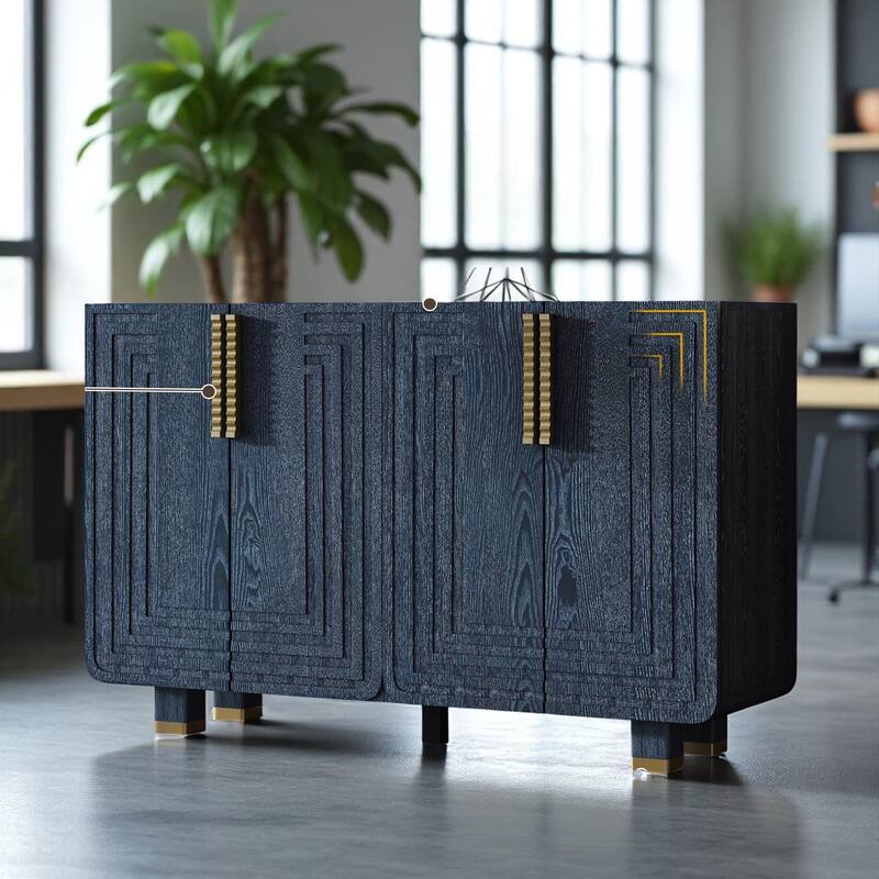 54" Retro Sideboard Buffet Cabinet with 4 Fluted Doors, Adjustable Shelves, Ash Veneer Storage Console for Dining Room