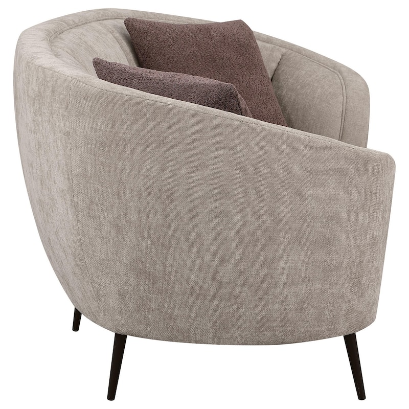 Zui Curved Loveseat, 84 Inch Beige, Round Design, 2 Accent Pillows