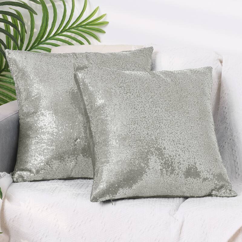 Sequin Throw Pillow Covers, Pack of 2 Square Glitter Decorative Pillow Cases Personalized Cushion Covers - Silver - 18 x 18 Inch