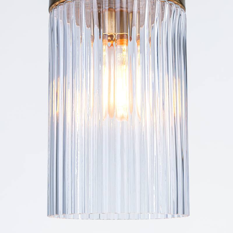 Industrial 1-Light Ribbed Glass Cylinder Pendant Light for Kitchen Island Dining Room - Gold