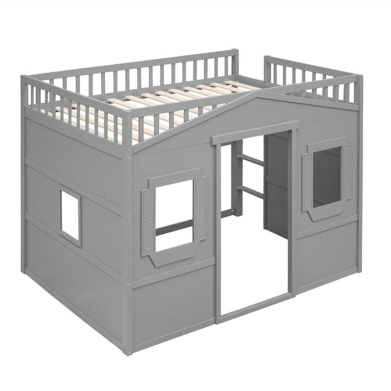 Solid Wood House Loft Bed with Window Design and Ladder, Twin/Full Size Playhouse Bed Loft Bed Frame with Guardrail for Kids