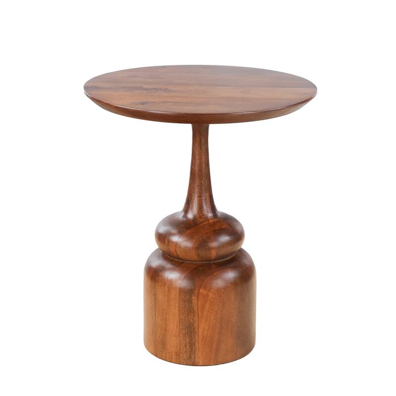 Round Accent Table - Solid Mango Wood with Sculpted Pedestal Base