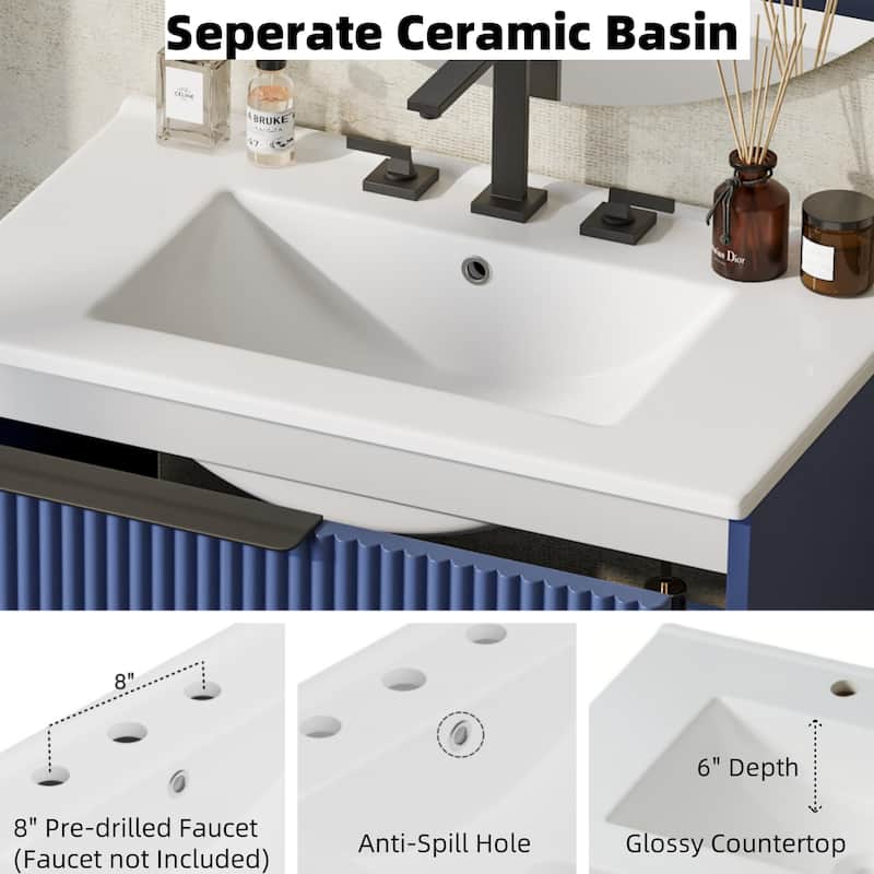 30" Bathroom Vanity with Ceramic Sink and Full-Extension Drawers, Freestanding Bathroom Vanity with Soft Close Drawer Slides
