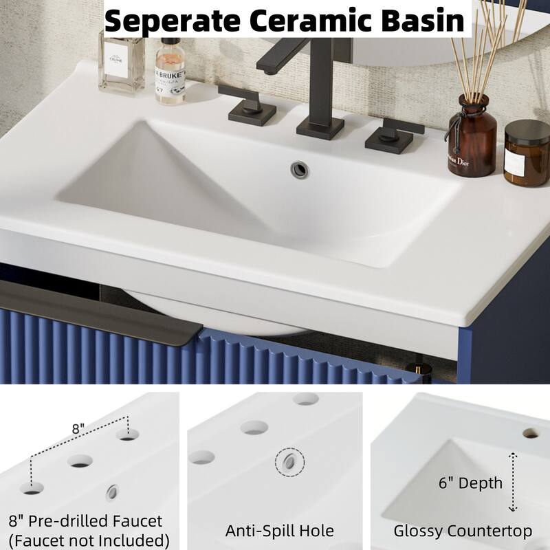 Vertical Grooves Bathroom Cabinet Storage Vanity with Ceramic Sink, Full-Extension Split Drawers and Soft Close Drawer Slides