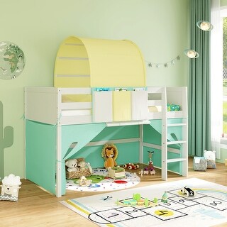 Twin Size Loft Bed Playhouse Bed Frame with Tower Tent and 3 Storage Pockets