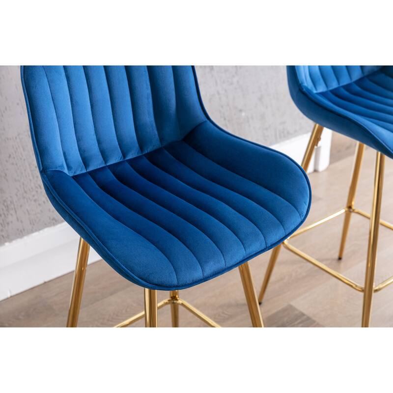 2 Bar Stools with Chrome Footrest Velvet Fabric Counter Stool Golden Leg Simple Bar Stool - N/A