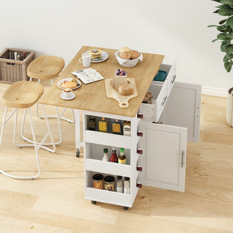Anmytek Multifunctional Storage Kitchen Island Cart with Foldable Rubberwood Tabletop, Cabinet, Drawers, Spice Rack