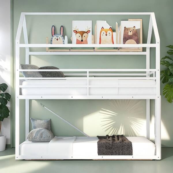 slide 2 of 12, Elegant Bunk Beds for Kids Twin over Twin,House Bunk Bed Metal Bed Frame Built-in Ladder,No Box Spring Needed, White聽 White