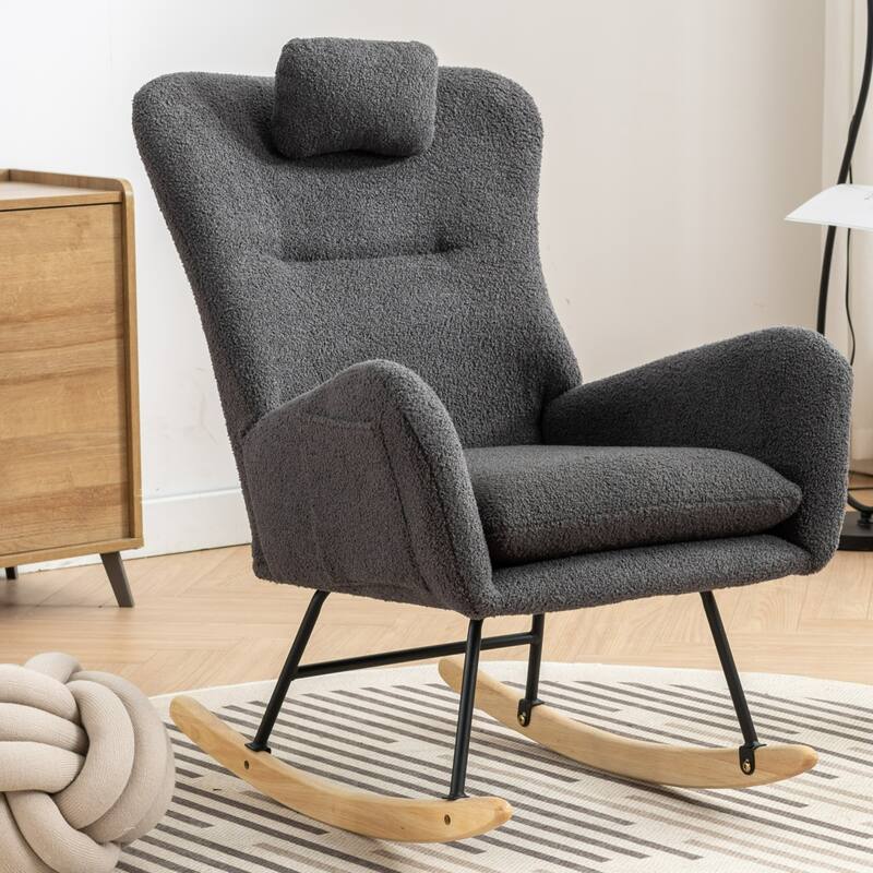 Teddy Fabric Wingback Rocking Chair for Nursery with Safe Solid Wood Base