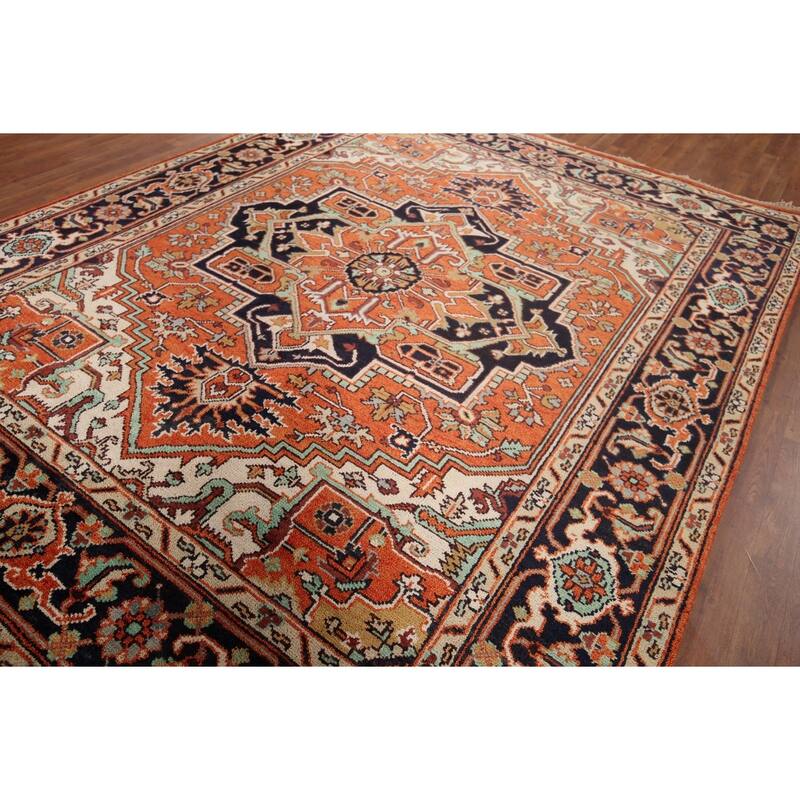 Orange Geometric Heriz Serapi Indian Area Rug Hand-Knotted Wool Carpet - 8'0"x 10'1"