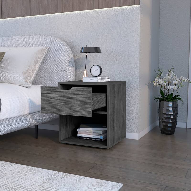 Sleek Light Gray Nightstand with Storage Shelf and Drawer