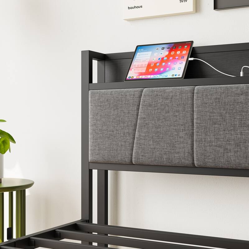 Twin Bed Frame with Storage Headboard, Charging Station, and Easy Assembly