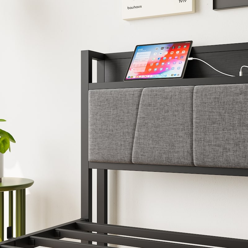 Twin Metal Platform Bed with Upholstered Headboard