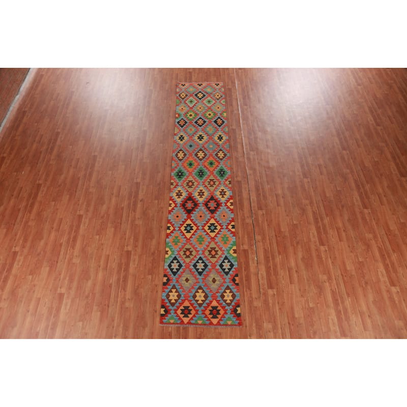 Hand Woven Oriental 100% Wool Carpet Southwestern All-Over Multi-Colored Kilim Runner Rug - 13' 0'' X 2' 7''