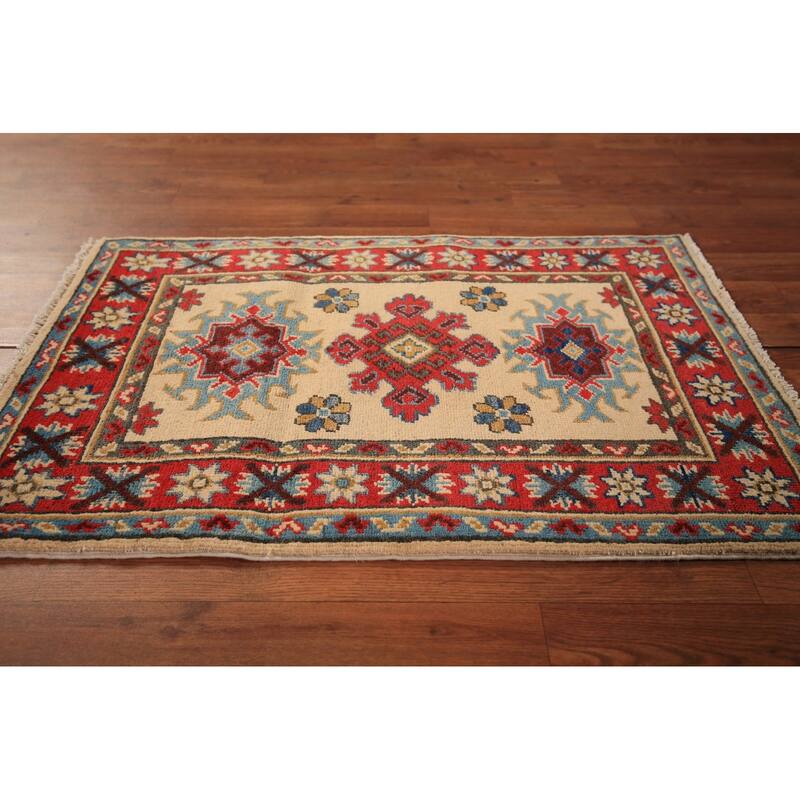 Geometric Kazak Foyer Rug Hand-Knotted Traditional Wool Carpet - 2'0" x 3'0"